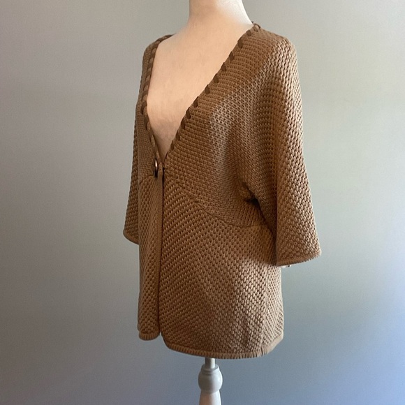 Ruby Rd Lg Cotton/Acrylic Blend Taupe 1 Button Crochet Sweater Faux Suede Trim - Picture 3 of 16